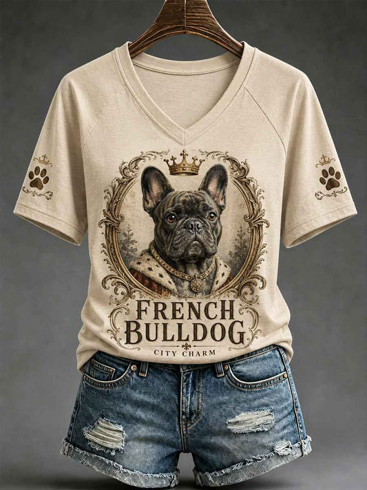 Women's Retro Dog Print Casual V-Neck Tee