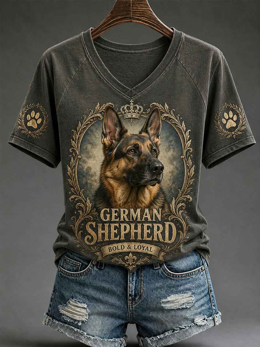 Women's Retro Dog Print Casual V-Neck Tee