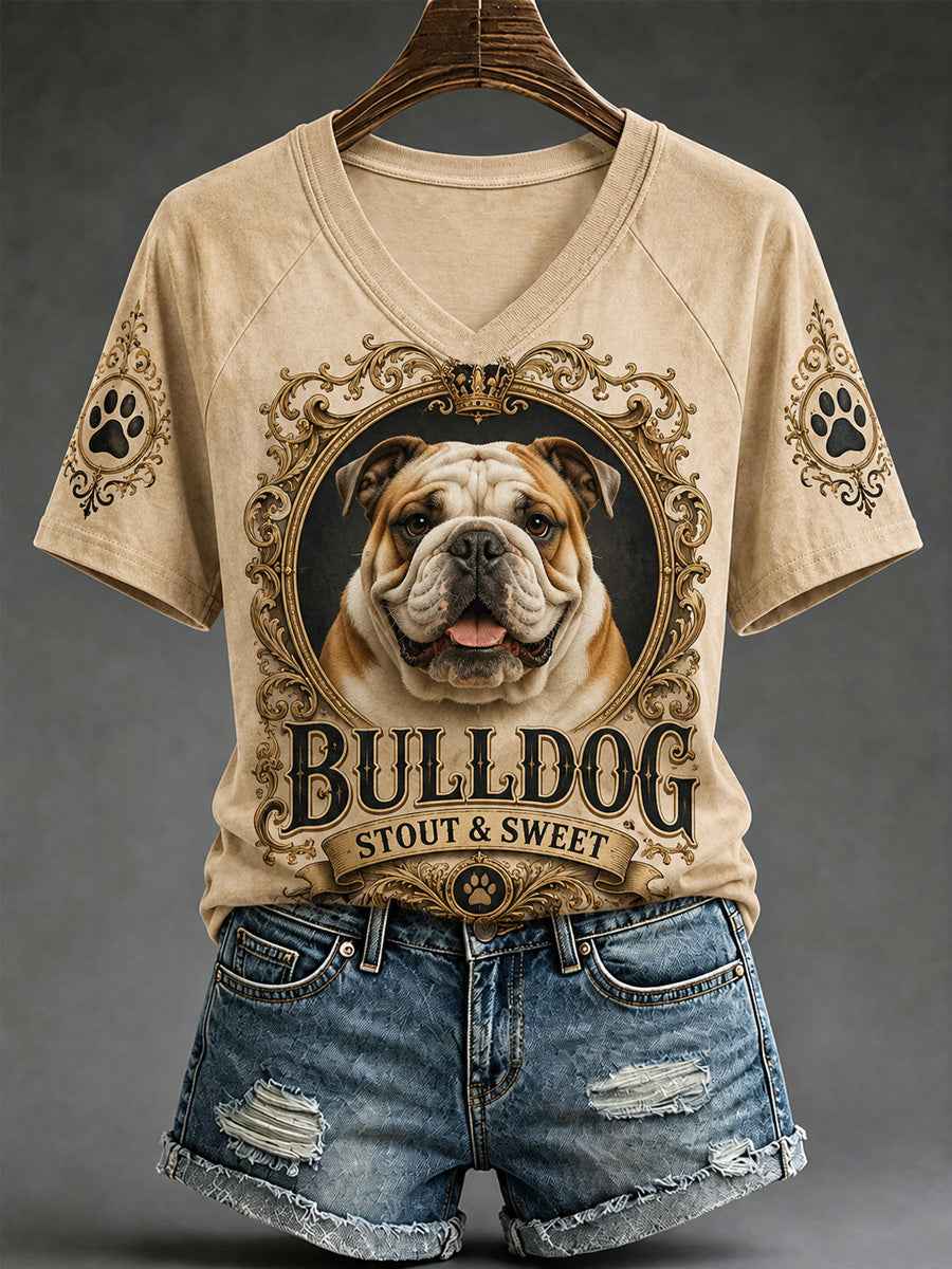 Women's Retro Dog Print Casual V-Neck Tee