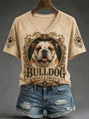 Women's Retro Dog Print Casual V-Neck Tee