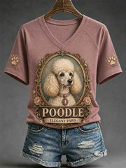 Women's Retro Dog Print Casual V-Neck Tee
