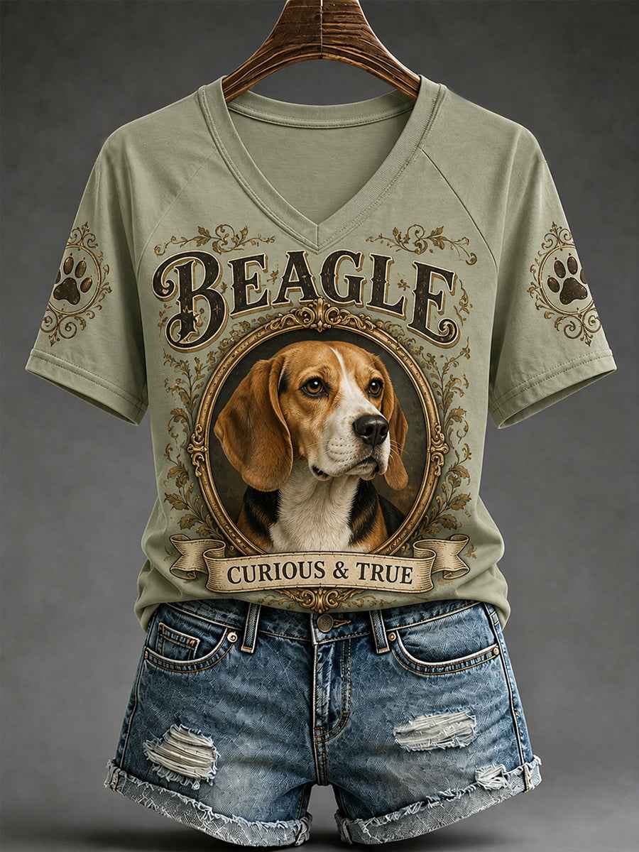 Women's Retro Dog Print Casual V-Neck Tee
