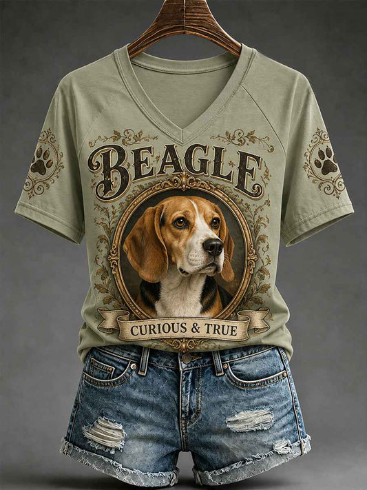 Women's Retro Dog Print Casual V-Neck Tee