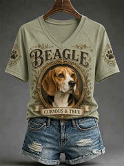 Women's Retro Dog Print Casual V-Neck Tee
