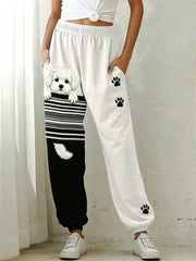 Women's Lovely Peeking Maltese Dog & Paw Prints Colorblock Print Sweatpants