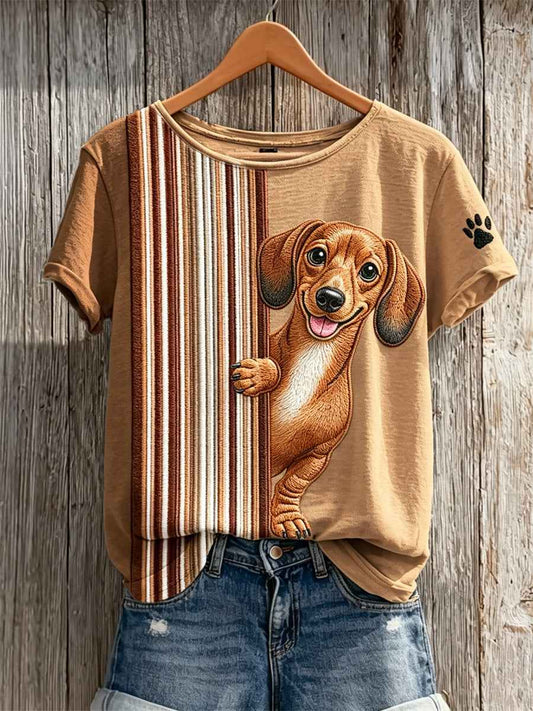 Women's Peeking Dachshund Dog & Paw Print Colorblock Print short-sleeved T-shirt