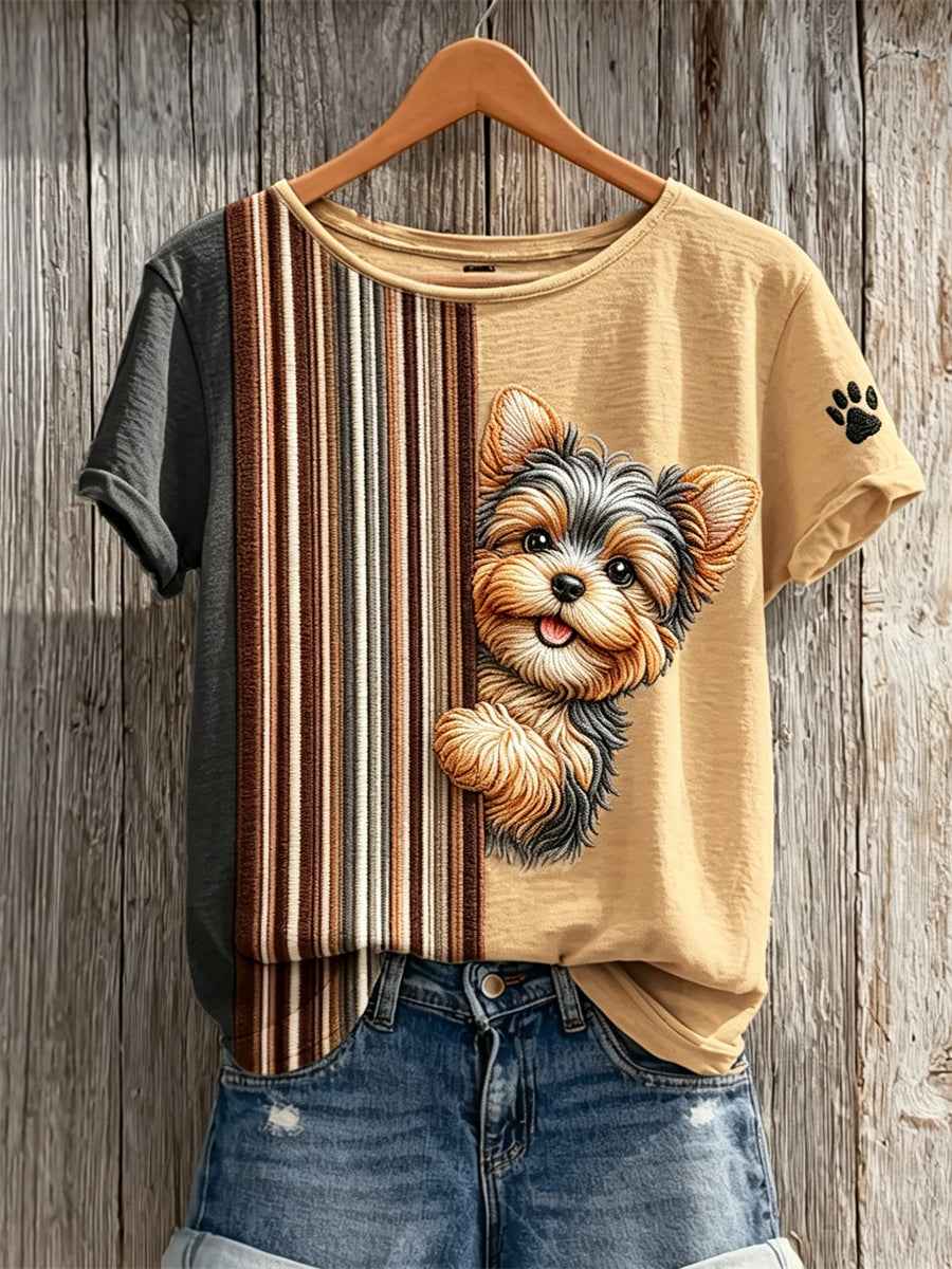 Women's Peeking Yorkshire Dog & Paw Print Colorblock Print short-sleeved T-shirt
