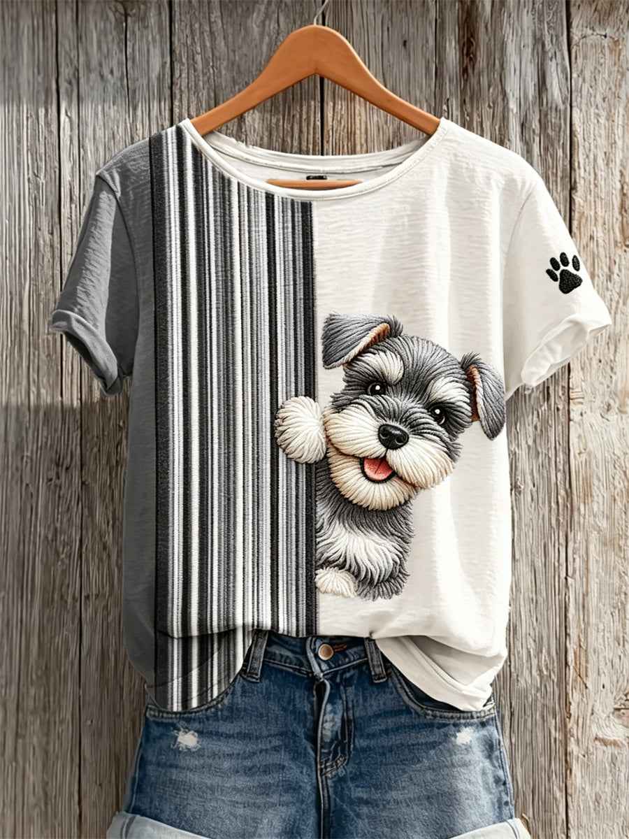 Women's Peeking Schnauzer Dog & Paw Print Colorblock Print short-sleeved T-shirt