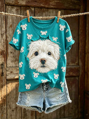 Women's cute dog pattern printed casual short-sleeve T-shirt