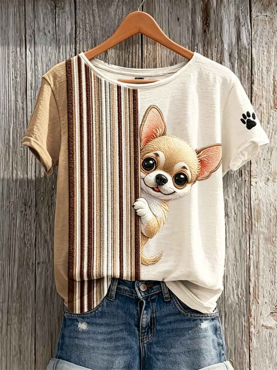Women's Peeking Chihuahua Dog & Paw Print Colorblock Print short-sleeved T-shirt