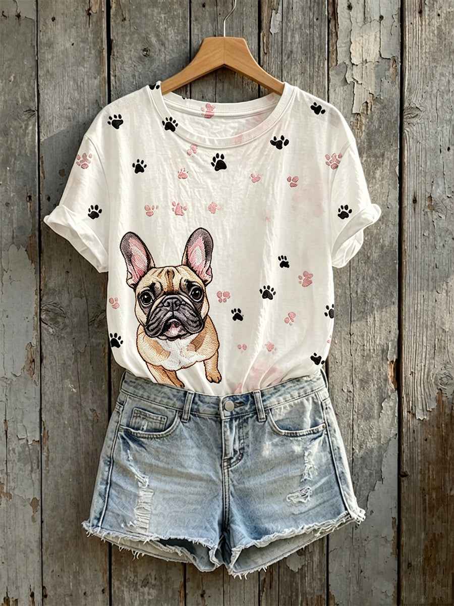 Women's Cute French Bulldog With Paws Print Short-sleeved T-shirt