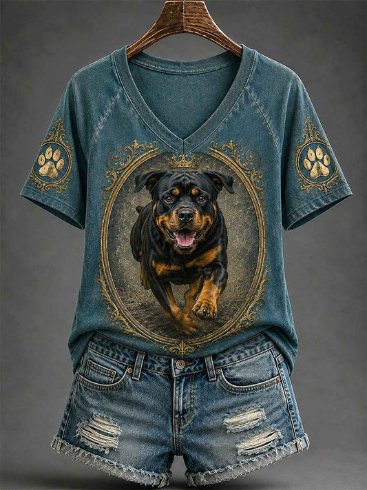 Women's Retro Dog Print Casual V-Neck Tee