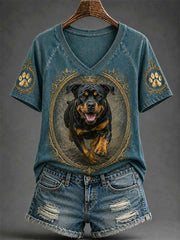 Women's Retro Dog Print Casual V-Neck Tee