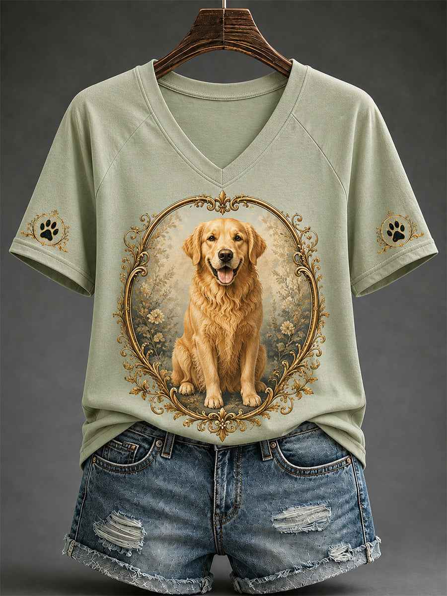 Women's Retro Dog Print Casual V-Neck Tee