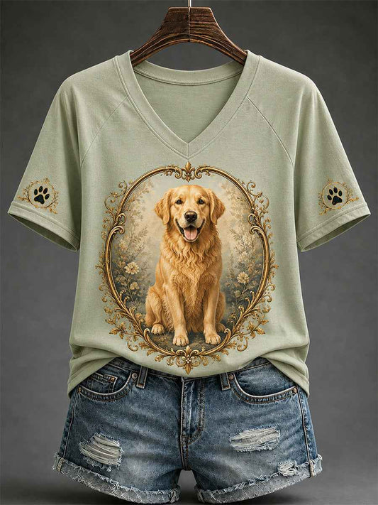 Women's Retro Dog Print Casual V-Neck Tee
