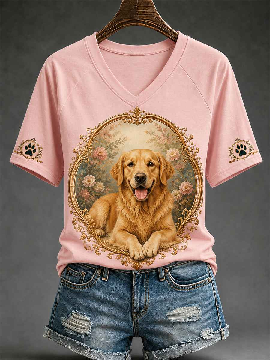 Women's Retro Dog Print Casual V-Neck Tee