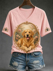 Women's Retro Dog Print Casual V-Neck Tee