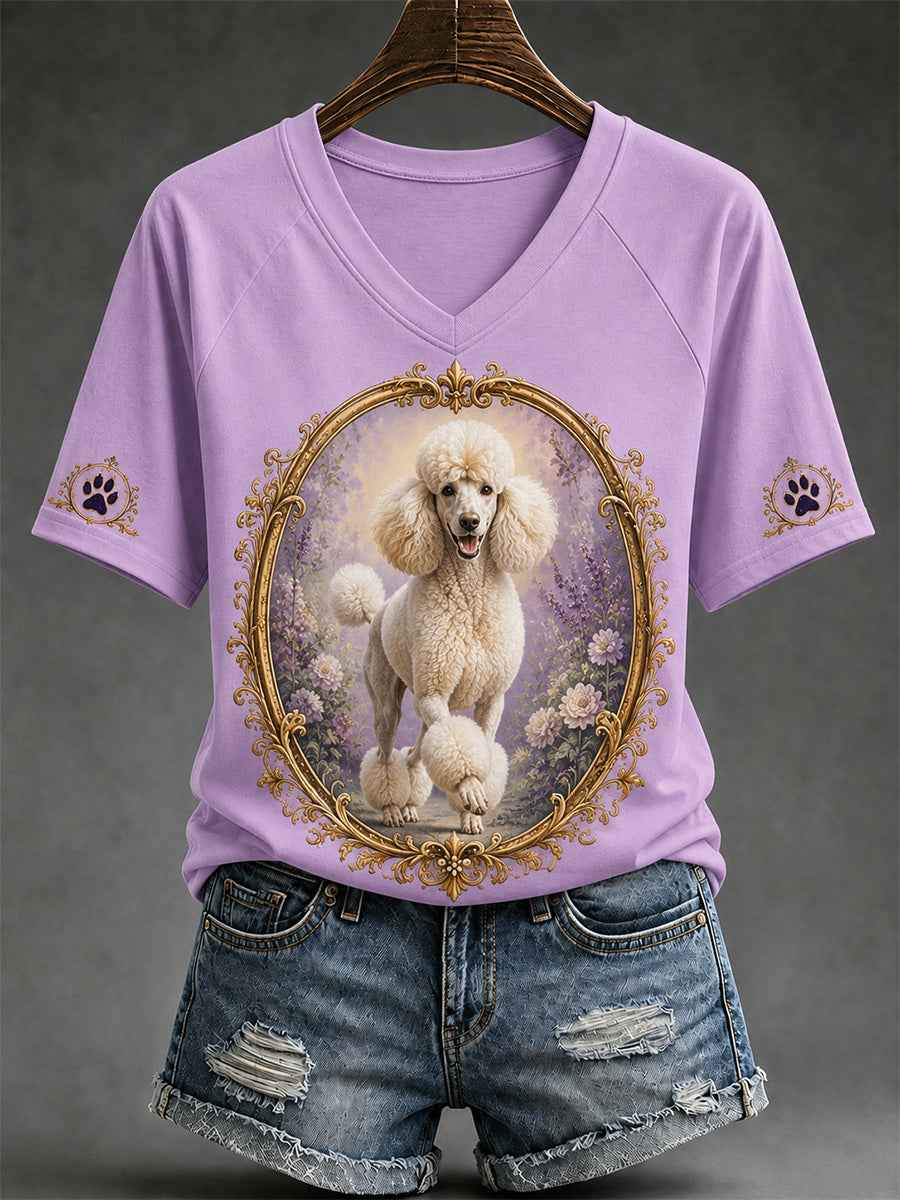 Women's Retro Dog Print Casual V-Neck Tee
