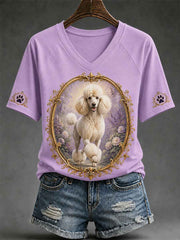 Women's Retro Dog Print Casual V-Neck Tee