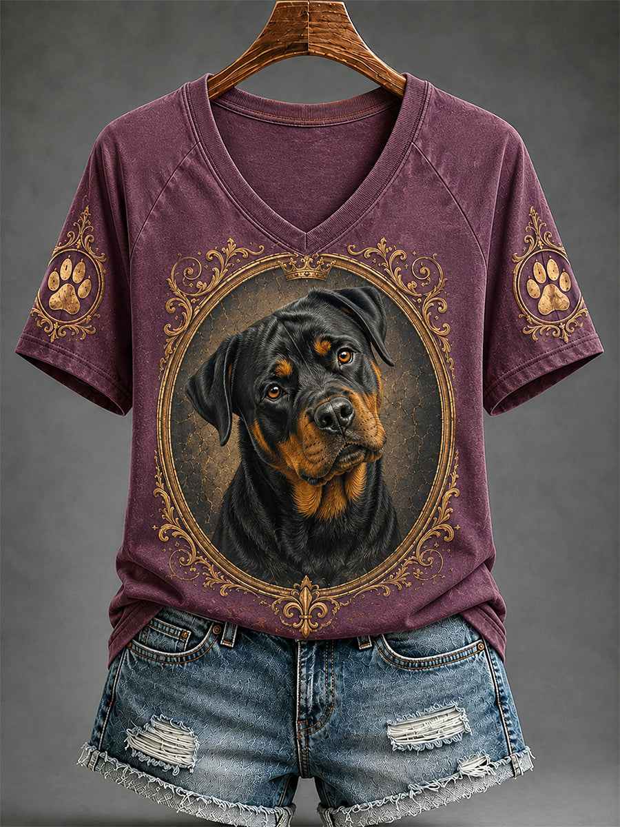 Women's Retro Dog Print Casual V-Neck Tee