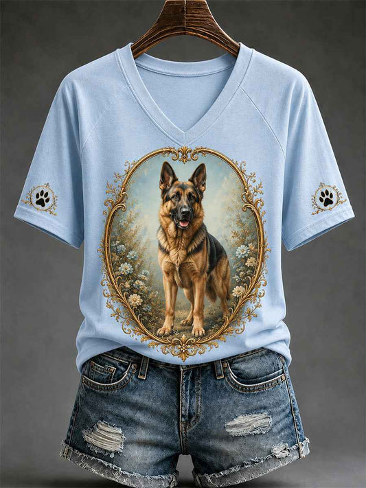 Women's Retro Dog Print Casual V-Neck Tee