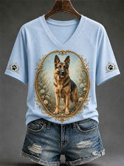 Women's Retro Dog Print Casual V-Neck Tee