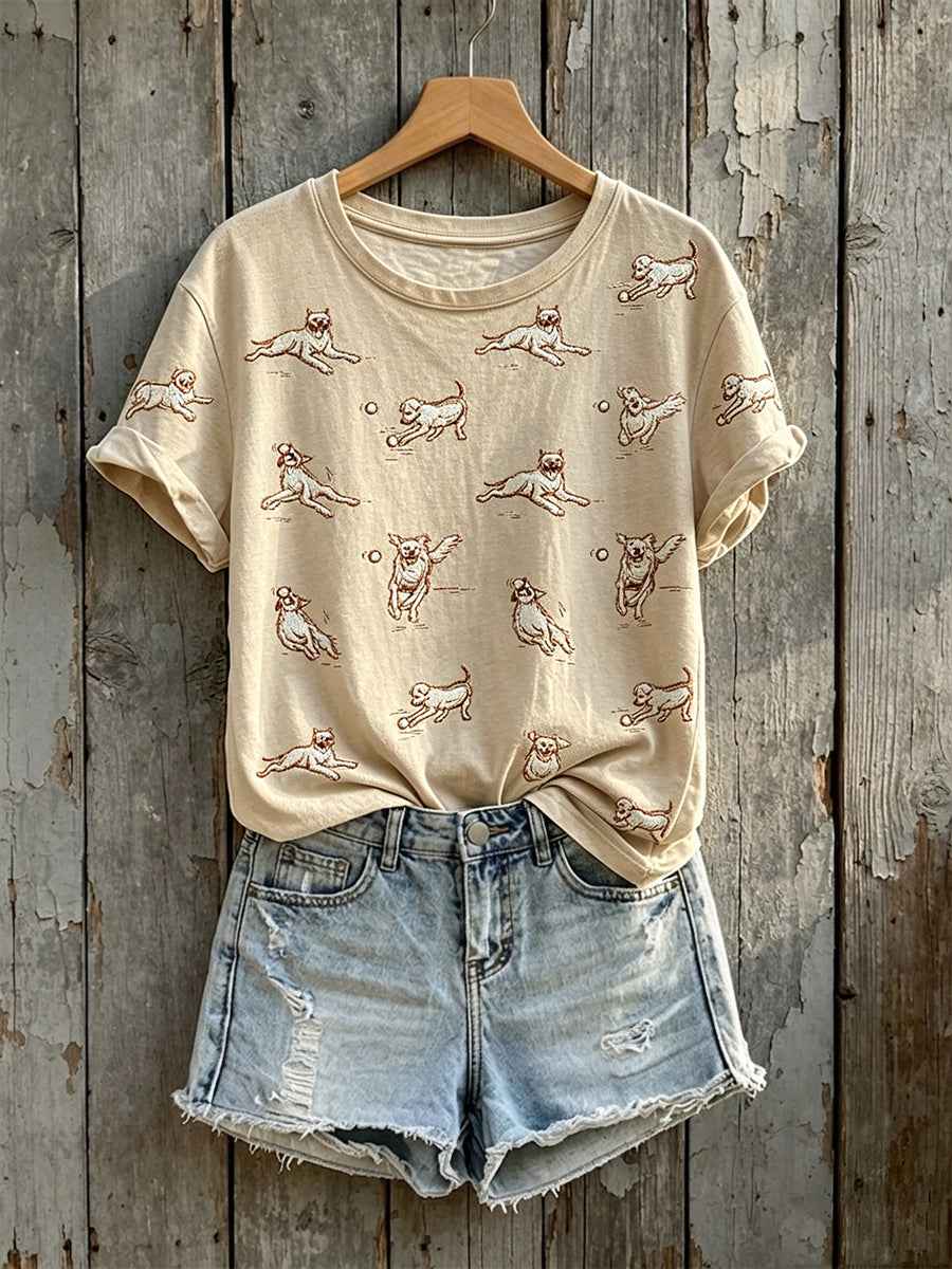Women's Dog With Ball Art Print Short-sleeved T-shirt
