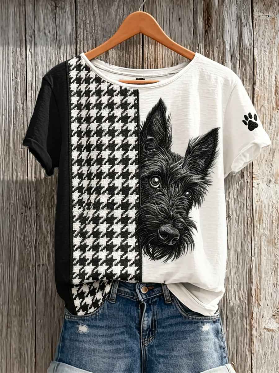Women's Peeking Scottish Terrier Dog Houndstooth Colorblock Print short-sleeved T-shirt