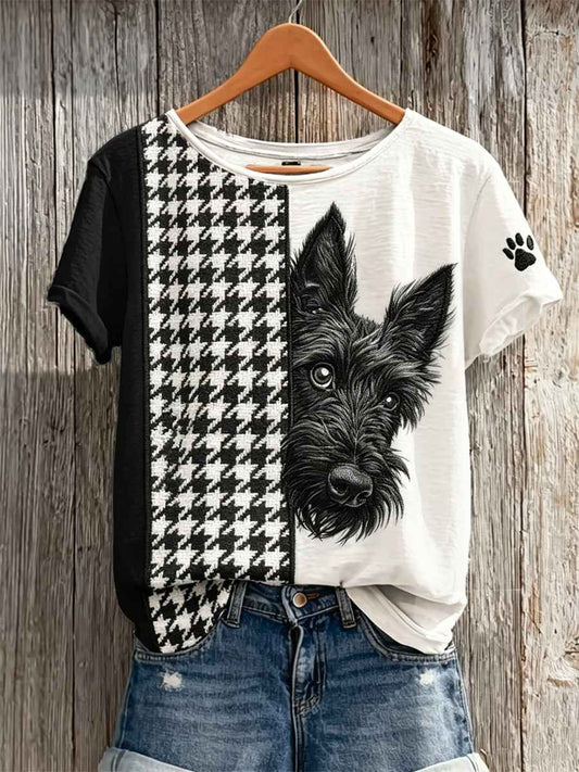 Women's Peeking Scottish Terrier Dog Houndstooth Colorblock Print short-sleeved T-shirt