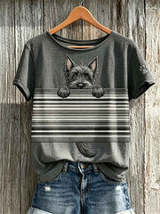 Women's Peeking Scottish Terrier Dog & Paw Print Striped Print short-sleeved T-shirt
