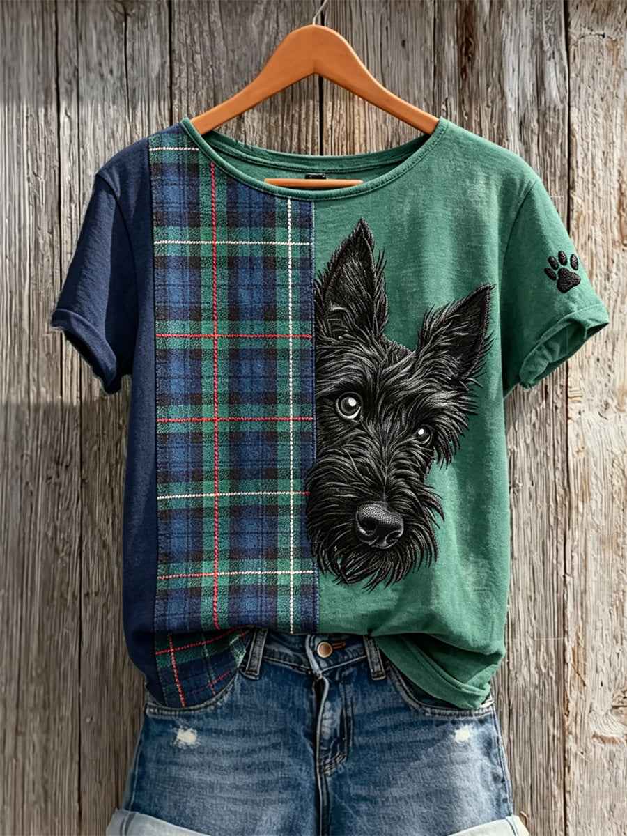 Women's Peeking Scottish Terrier Dog Scotland Plaid Colorblock Print short-sleeved T-shirt