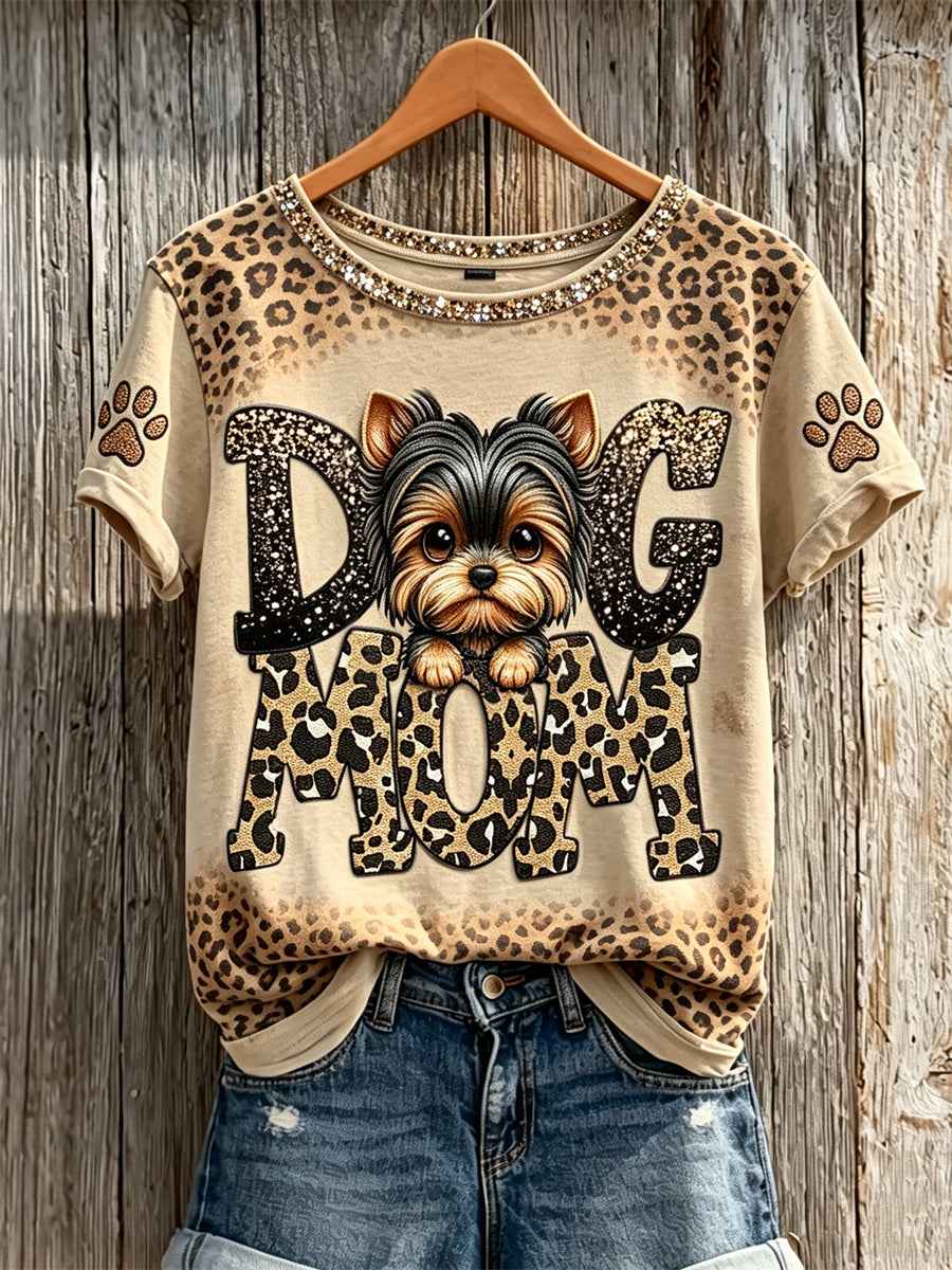 Women's Peeking Yorkshire Terrier Dog Mom Paw Prints Leopard Print short-sleeved T-shirt