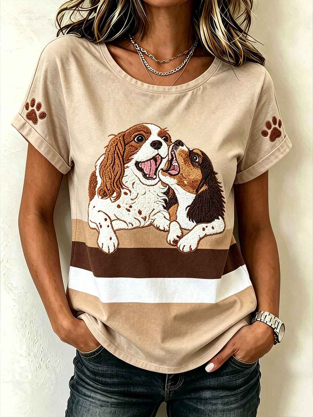 Women's cute dog pattern printed casual short-sleeve T-shirt