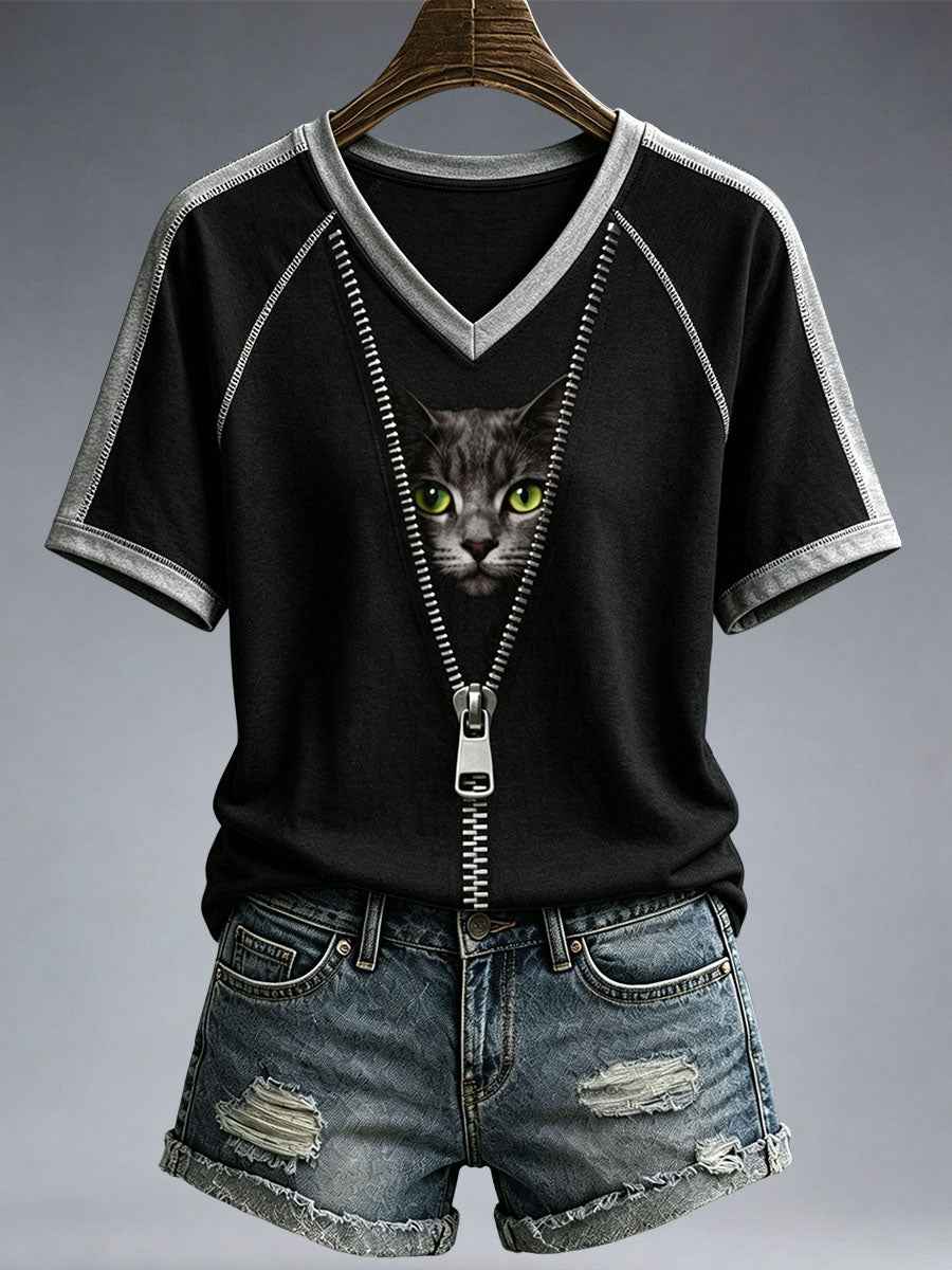 Women's Funny Cat V-Neck T-Shirt