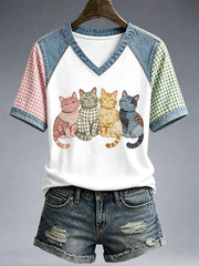 Women's Lovely Cat Patchwork Art T-Shirt