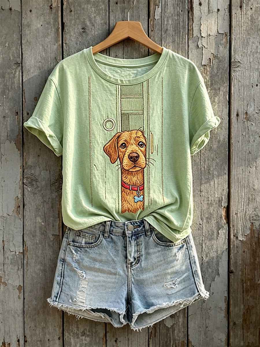 Women's Cute Golden Retriever Peeking Print Short-sleeved T-shirt