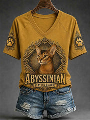 Women's Retro Cat Print Casual V-Neck Tee