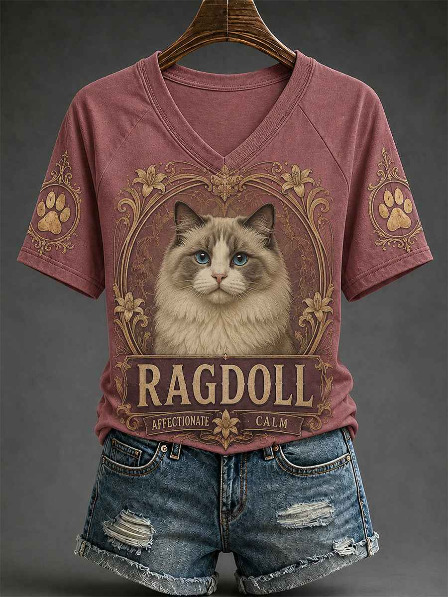 Women's Retro Cat Print Casual V-Neck Tee