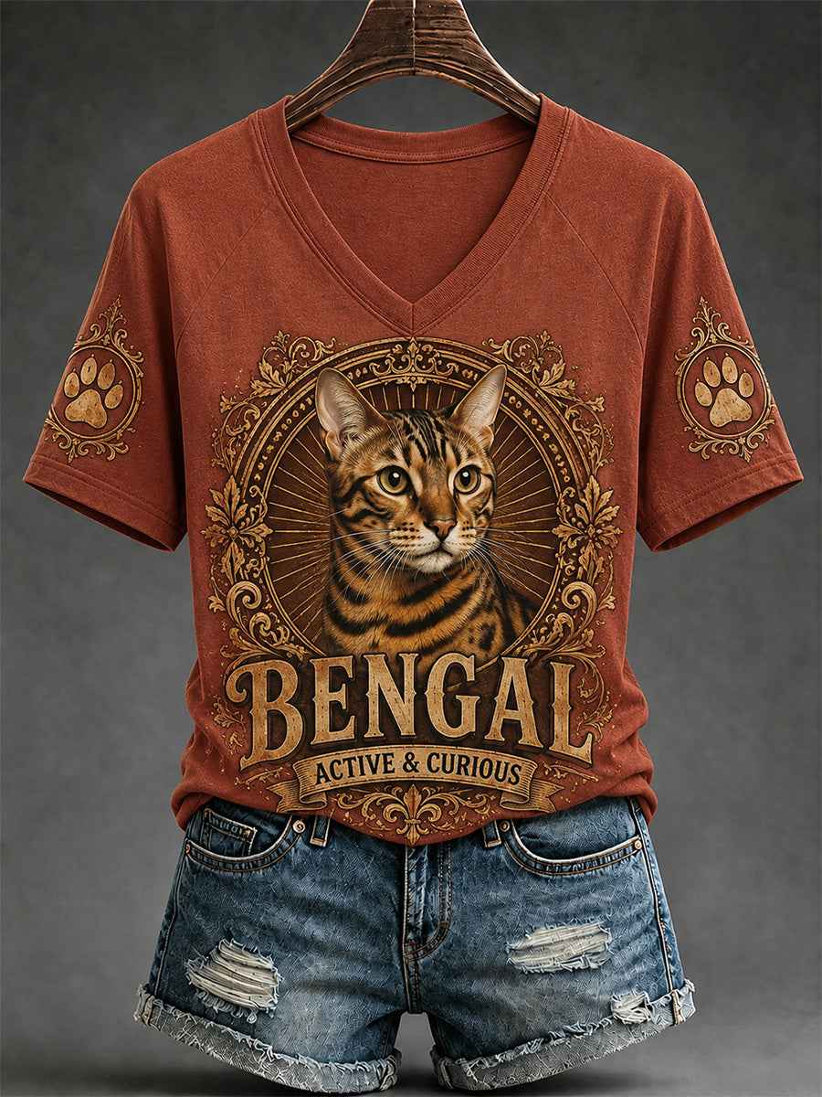 Women's Retro Cat Print Casual V-Neck Tee