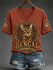 Women's Retro Cat Print Casual V-Neck Tee
