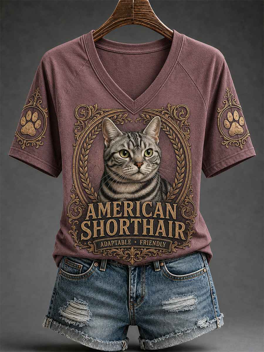 Women's Retro Cat Print Casual V-Neck Tee