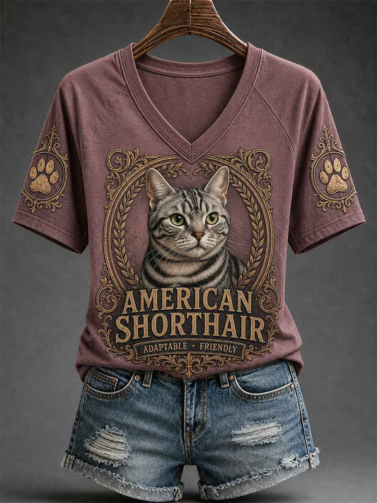 Women's Retro Cat Print Casual V-Neck Tee