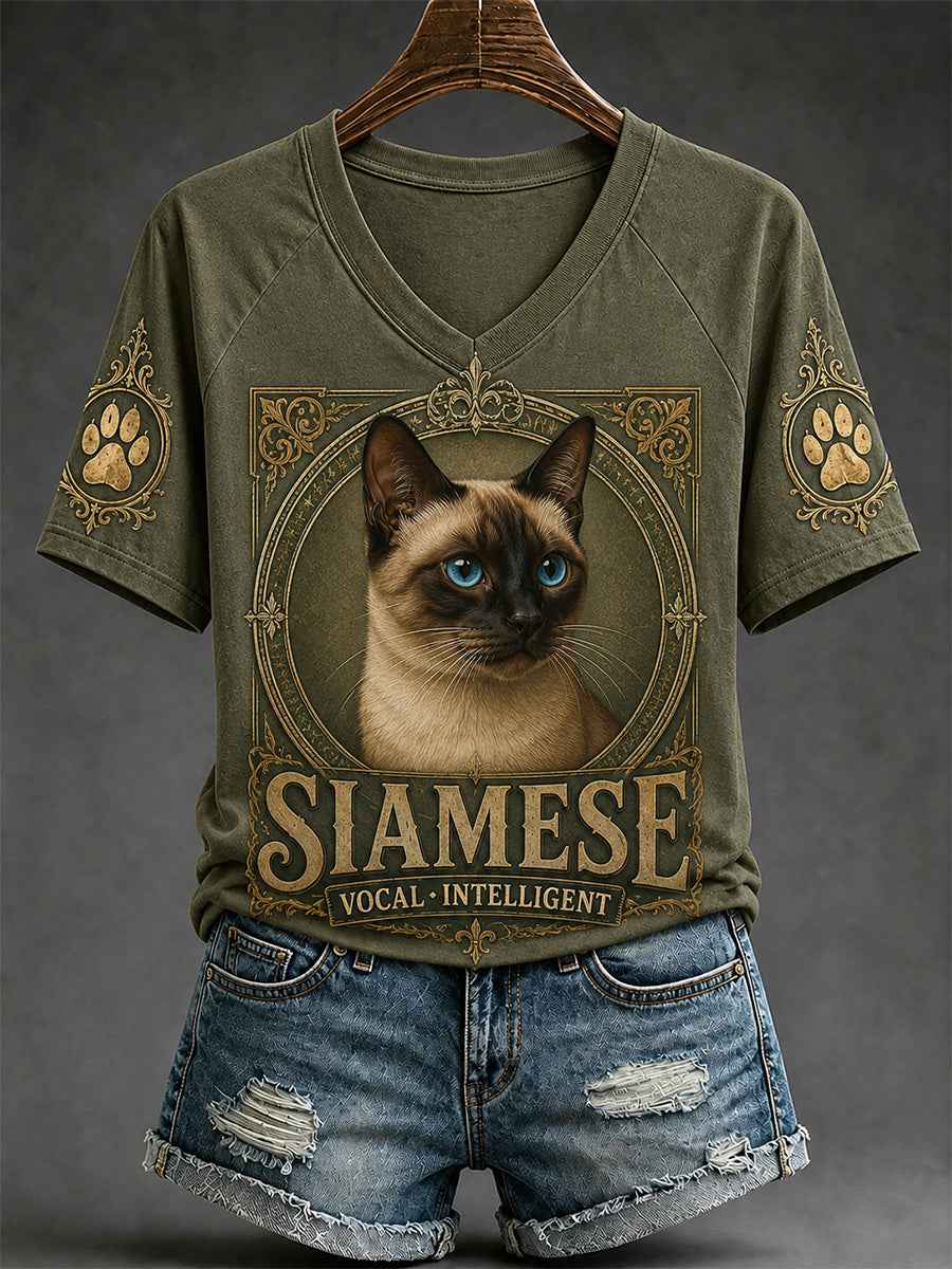 Women's Retro Cat Print Casual V-Neck Tee