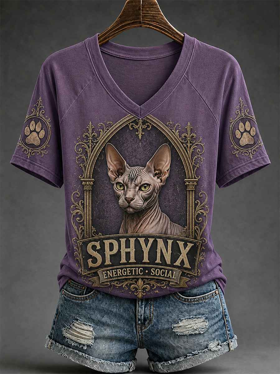 Women's Retro Cat Print Casual V-Neck Tee