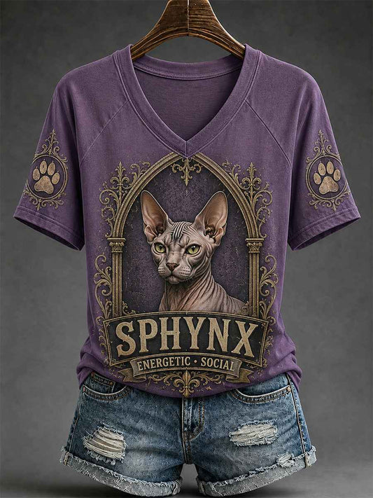 Women's Retro Cat Print Casual V-Neck Tee