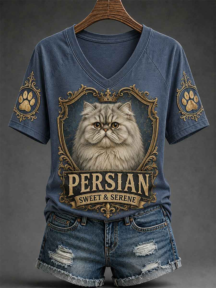 Women's Retro Cat Print Casual V-Neck Tee