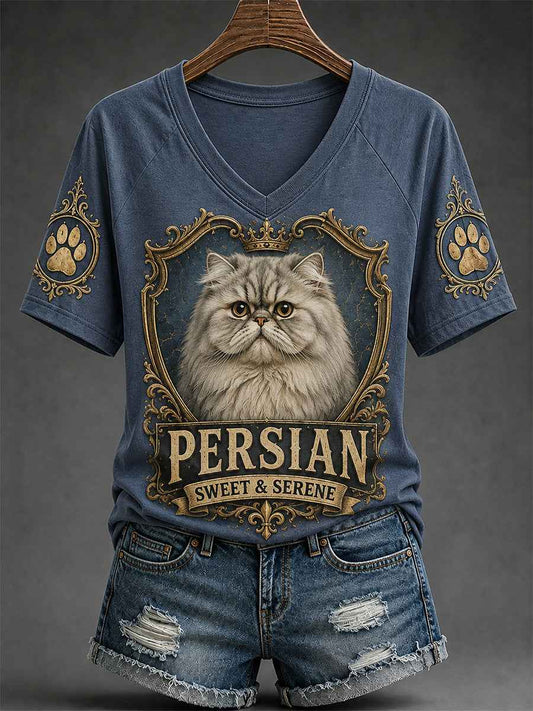 Women's Retro Cat Print Casual V-Neck Tee