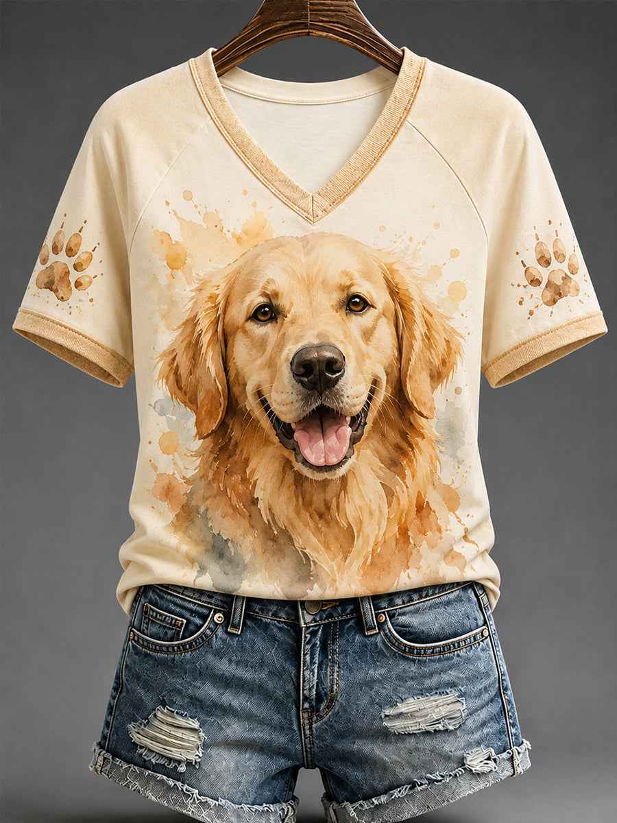 Women's Cute Watercolor Dog Print Gift For Pet Lovers Casual V-Neck Tee