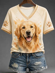 Women's Cute Watercolor Dog Print Gift For Pet Lovers Casual V-Neck Tee