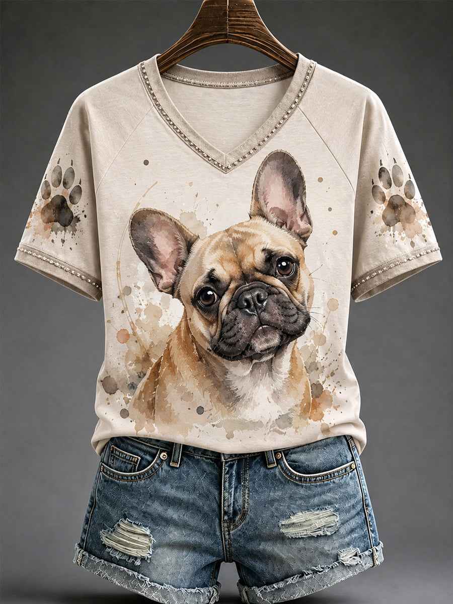 Women's Cute Watercolor Dog Print Gift For Pet Lovers Casual V-Neck Tee